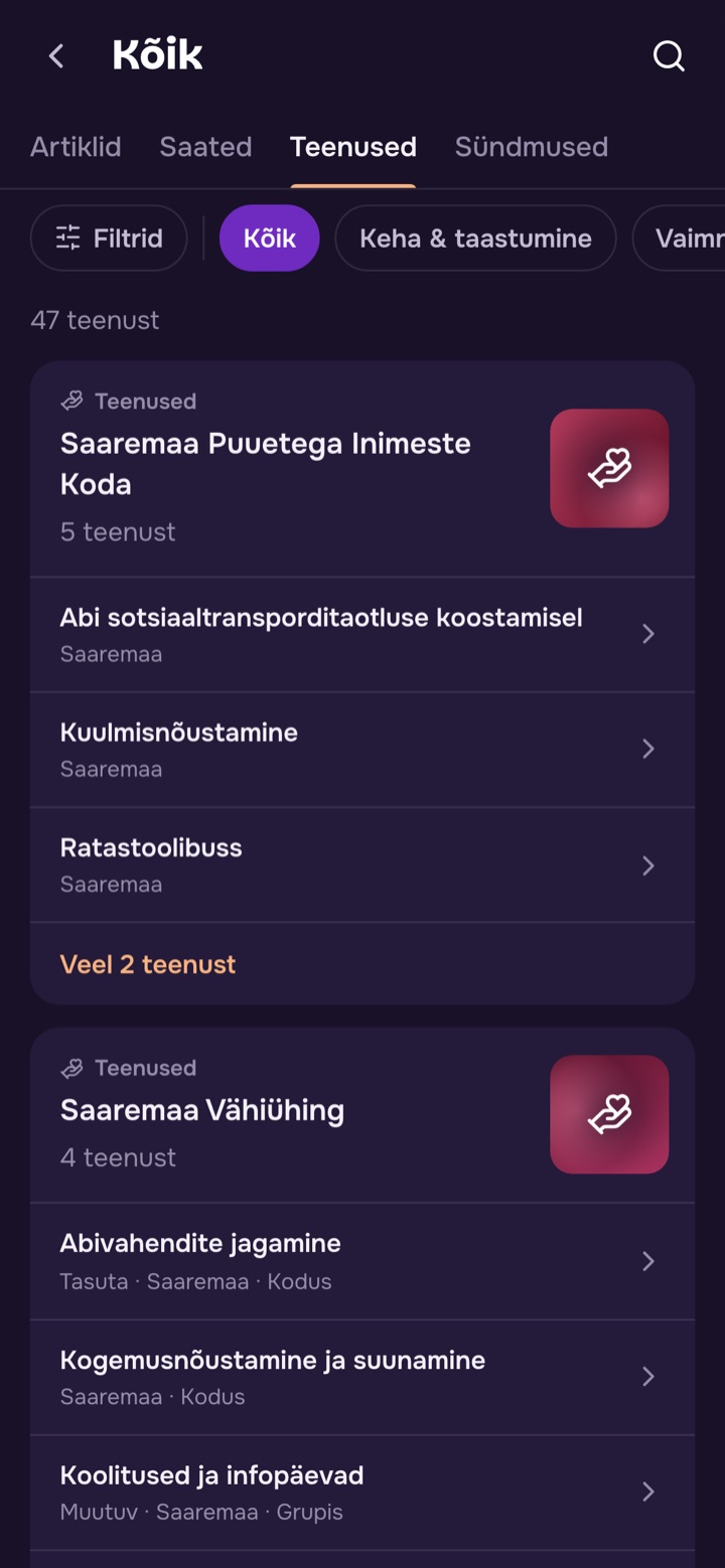 Teenuste nimekiri koos pakkujatega